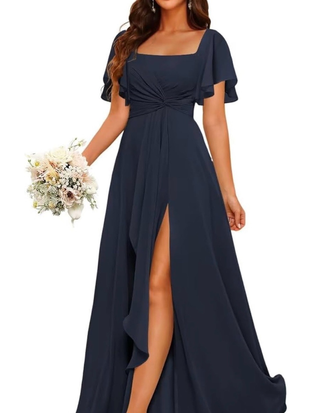 Elegant Navy Blue Square Neck Maxi Dress with Flutter Sleeves